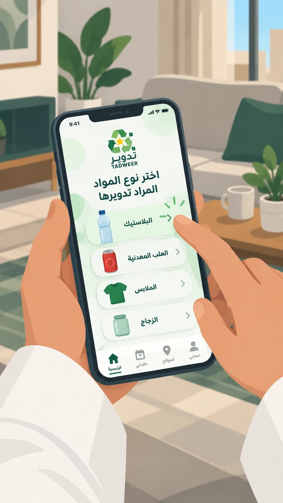 يدان تمسكان هاتفاً يعرض في التطبيق قائمة لاختيار نوع المواد: البلاستيك والعلب المعدنية والملابس والزجاج.