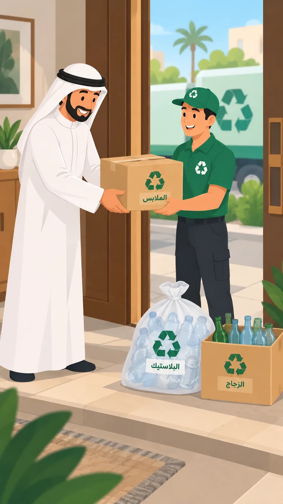 رجل سعودي عند باب منزله يسلّم صندوقاً من المواد القابلة للتدوير إلى مندوب الجمع بزيّ أخضر، وخلفه شاحنة تدوير.