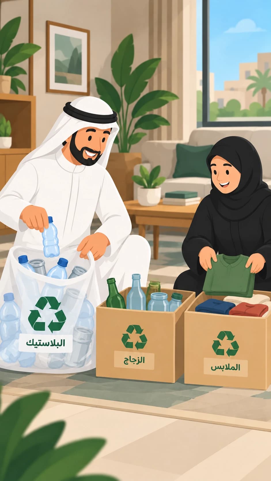 رجل سعودي بالثوب والشماغ وامرأة بالعباءة والحجاب يفرزان في المنزل عبوات البلاستيك والزجاج والملابس في صناديق مخصّصة لإعادة التدوير.